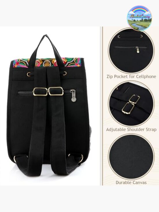 Floral Embroidery Canvas Drawstring Backpack, Vintage Daypack Travel Shoulder main image 5